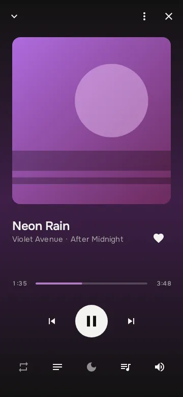 Full-size player with a large cover, seek bar and controls, in the dark theme