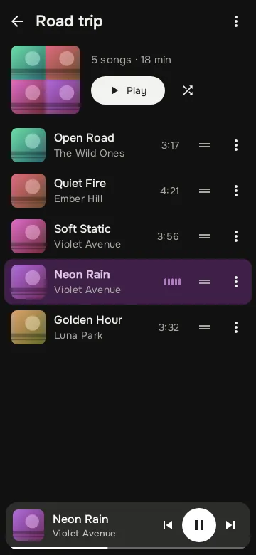 A playlist page with its songs and Play and Shuffle buttons, in the dark theme