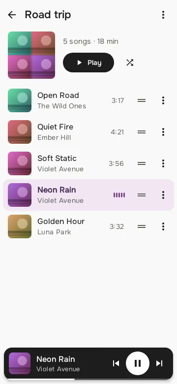 A playlist page with its songs and Play and Shuffle buttons