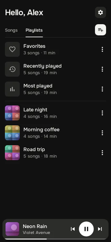 Playlists tab with favorites, recently played, most played and the listener's own playlists, in the dark theme