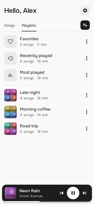 Playlists tab with favorites, recently played, most played and the listener's own playlists