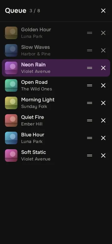 Play queue with the current song highlighted, in the dark theme