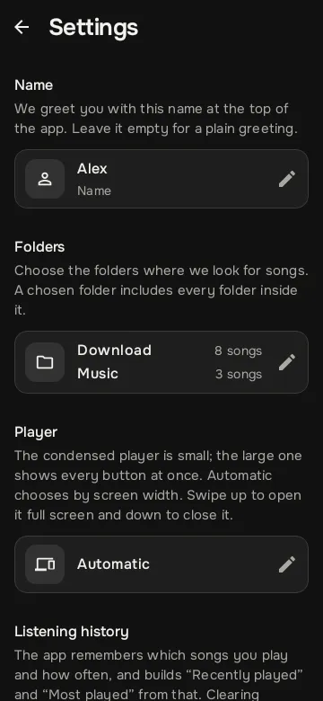 Settings page with name, folders and player sections, in the dark theme
