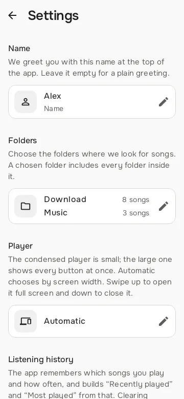 Settings page with name, folders and player sections