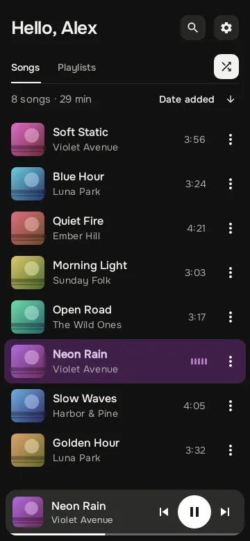 Song list with covers and the playing song marked by moving bars, in the dark theme