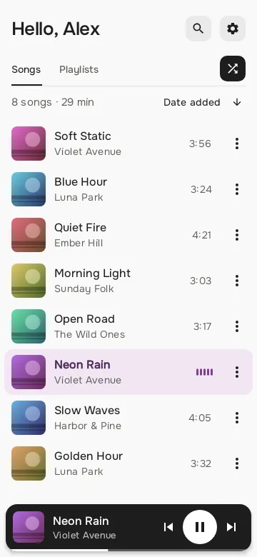 The song list with a song playing and the small player bar at the bottom